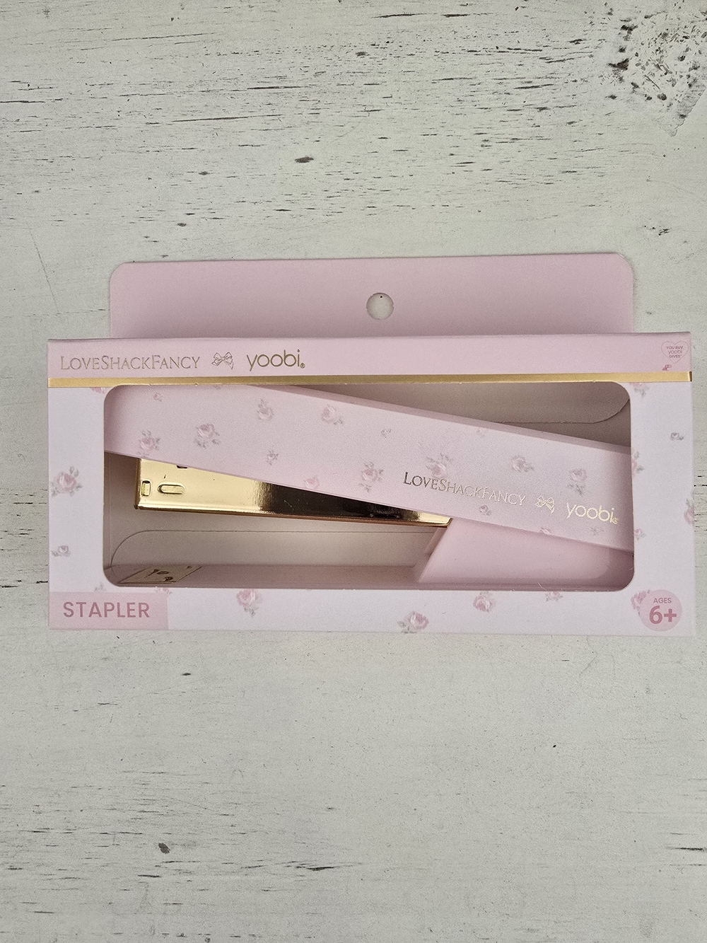 LoveShackFancy Yoobi Pink and Gold Floral Stapler